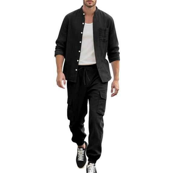 NAFUU Men's 2 Piece Outfits Summer Relaxed Fit Walking Suit Casual Solid Color Linen Long Sleeve Shirt And Pants Set Casual Vacation Clothes