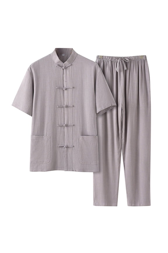 Men's 2 Pieces Cotton Linen Set Short Sleeve Shirts Casual Beach Pants Summer Yoga Outfits Simple Leisure Vacation Outfits Comfort Athletic Suit