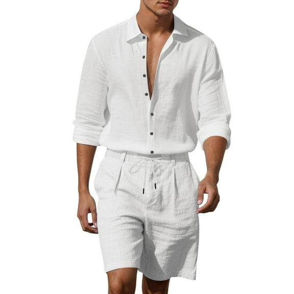 NAFUU Men's 2 Pieces Outfits Linen Sets For Men Long Sleeve Button Down Shirt And Drawstring Waist Shorts Summer Casual Beach Outfits Stylish Loungewear Sets