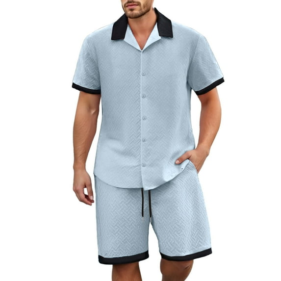 NAFUU Men's 2 Pieces Set Fashion Color Blocked Short Sleeved Shirt Shorts Mens Casual Loose Trendy Comfortable Suit Casual Daily Outfits