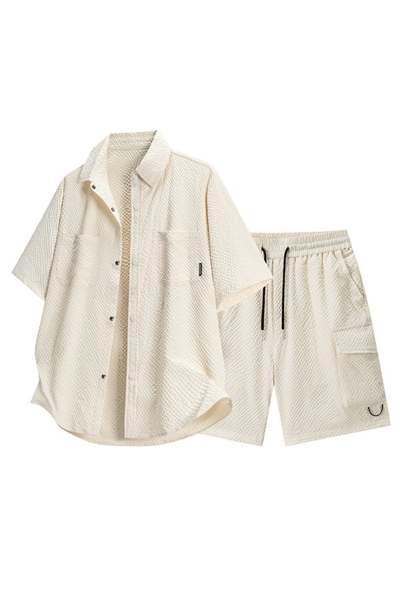 Men's 2 Pieces Set Fashion Mens Casual Summer Suits Lightweight Loose Fit Solid Color Outdoor Comfortable Pants Set Vacation Walking Outfits