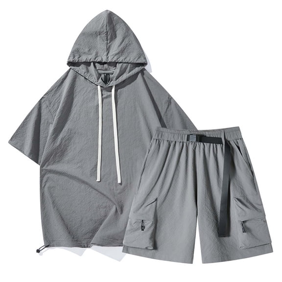 NAFUU Men's 2 Pieces Set Fashion Mens Hooded Ice Silk Short Sleeved T Shirt Suit Summer New Trend Loose Casual Sports Casual Daily Outfits