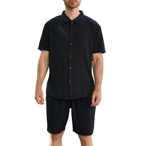 NAFUU Men's 2 Pieces Shirt Sets Mens Summer Outfits Solid Color Jacquard Short Sleeve Shirt And Casual Shorts Beach Outfits Beach Vacation Outfits