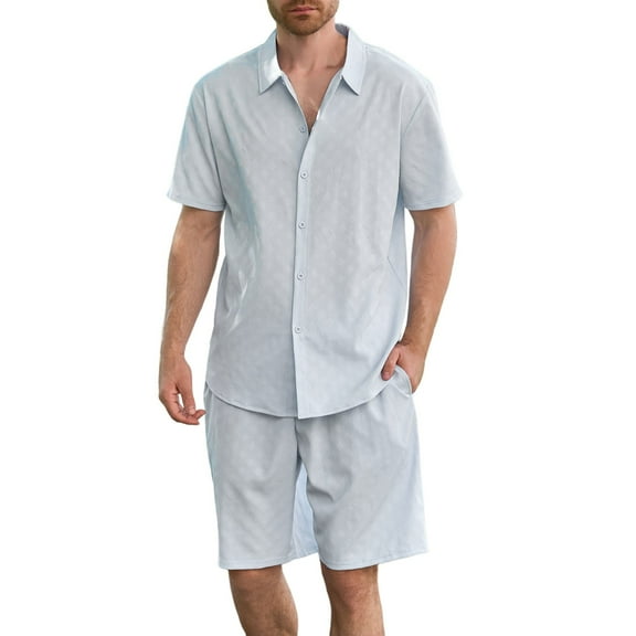 NAFUU Men's 2 Pieces Shirt Sets Mens Summer Outfits Solid Color Jacquard Short Sleeve Shirt And Casual Shorts Beach Outfits Fashion Handsome Outfit