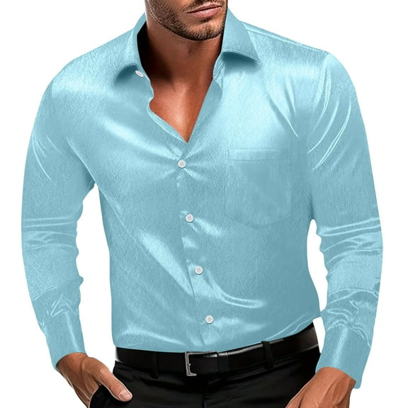 NAFUU Men's Dress Shirts Mens Fashion Shirts Slim Fit Solid Color Shiny Jacquard Long Sleeve Lapel Button Up Shirts Pocket Party Shirt Top Handsome Shirt Top
