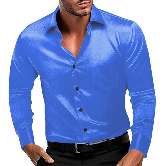 NAFUU Men's Dress Shirts Mens Fashion Shirts Slim Fit Solid Color Shiny Jacquard Long Sleeve Lapel Button Up Shirts Pocket Party Shirt Top Regular Fit Tops