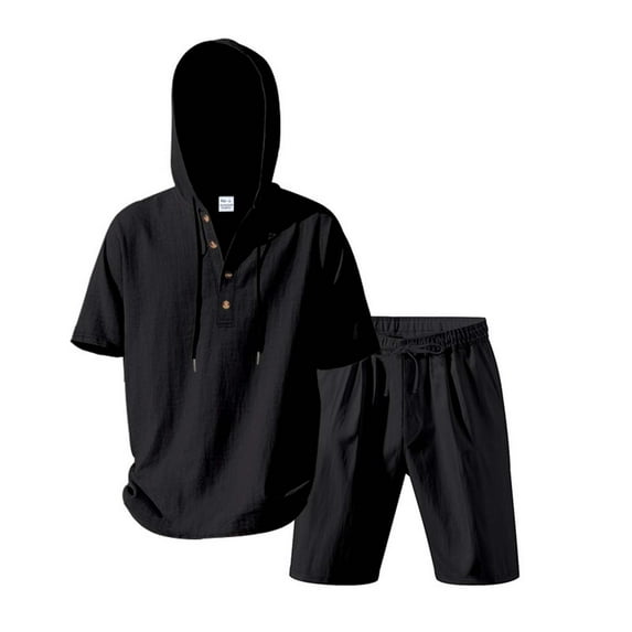 NAFUU Men's Hawaiian Matching Set New Mens Solid Color Linen Hooded Casual Short Sleeved Beach Shorts Two Piece Suit Fashion Beach Outfits