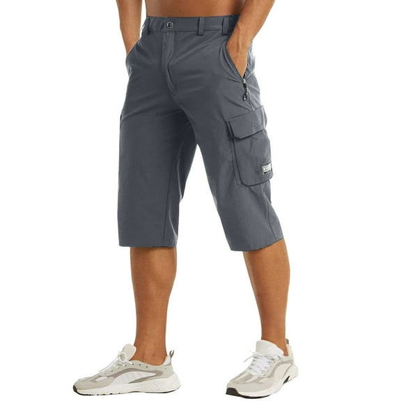 NAFUU Men's Long Shorts Below The Knee Casual Cargo Shorts Pockets Lightweight Hiking 3/4 Capri Long Shorts Leisure Trousers