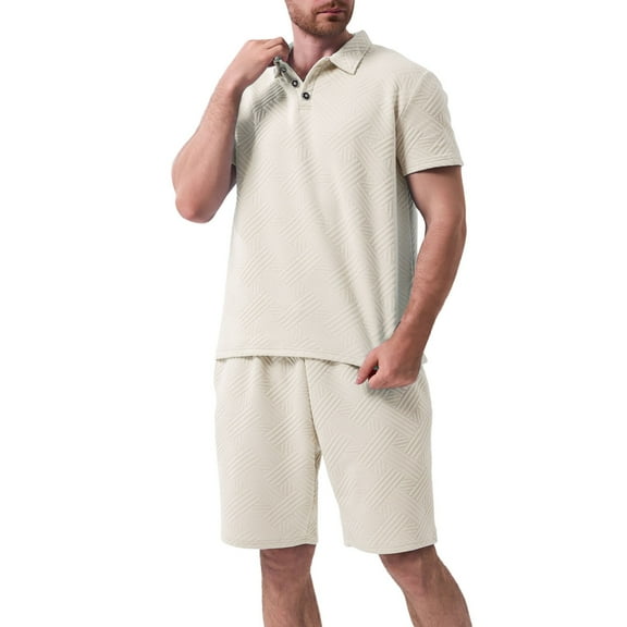 NAFUU Men's Polo Shirt and Shorts Set Summer Outfits Solid Color Fashion Casual Jaquard Short Sleeve Polo Shirts Shorts 2 Piece Set Comfy Loose Sports Suit