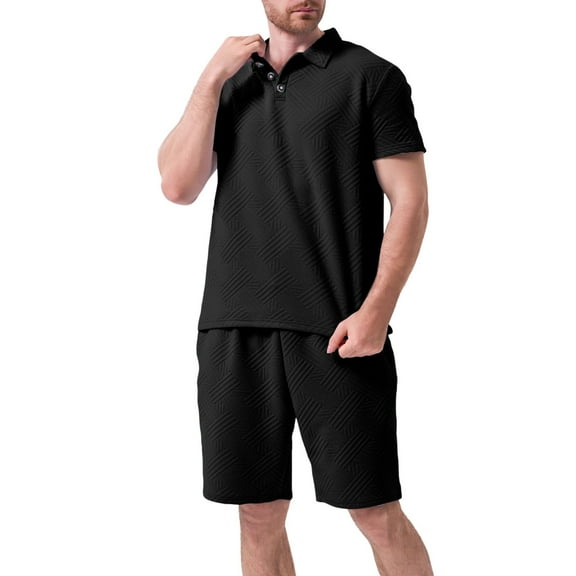 NAFUU Men's Polo Shirt and Shorts Set Summer Outfits Solid Color Fashion Casual Jaquard Short Sleeve Polo Shirts Shorts 2 Piece Set Trendy Vacation Outfit