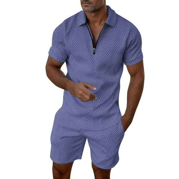 NAFUU Mens 2 Piece Outfits Men Casual Striped Two Piece Suit Zipper Short Sleeve Polo Shirts Drawstring Pocket Shorts Set Hawaiian Leisure Outfit