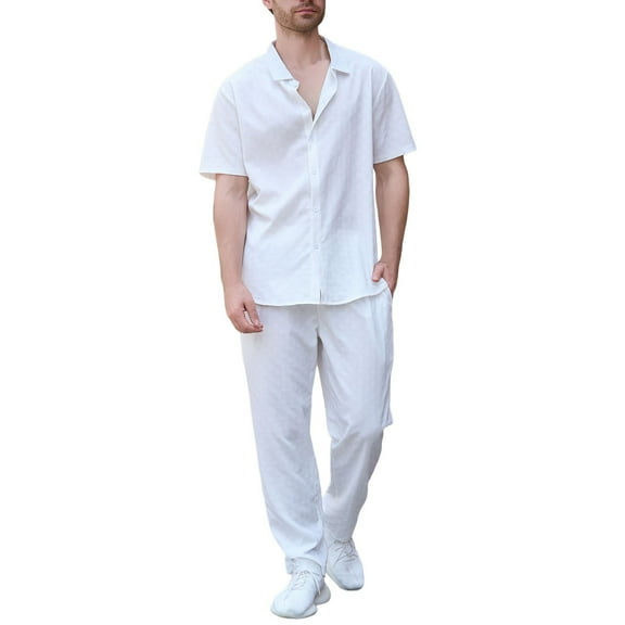 NAFUU Mens 2 Piece Tracksuit Summer Men's Back Pattern Jacquard Cardigan Short Sleeve Solid Color Outdoor Casual Shirt Trousers Stylish Sweatsuit Outfits