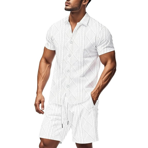 NAFUU Mens Casual Outfits Set 2025 Men's Summer Casual Jacquard Casual Fashion Short Sleeved Shirt And Shorts Two Piece Set Beach Vacation Outfits