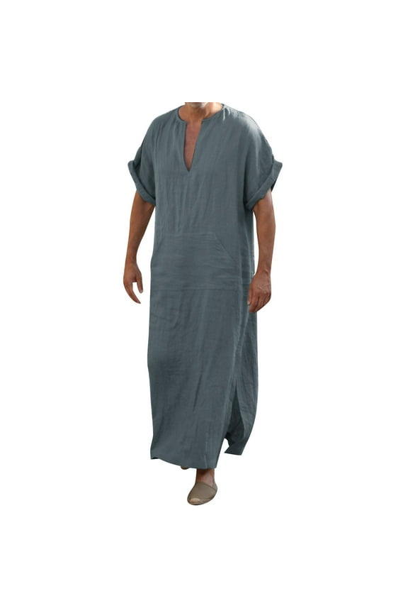 Mens Shirts Fall Tops Mens Casual Fashion V Neck Short Sleeve Robe Ethnic Style Thobe Side Split With Pockets Long Gown Thobe Trendy Casual Shirts