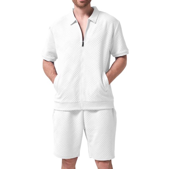 NAFUU Mens Summer Track Suits Men's 2 Piece Outfits Summer Short Sets Casual Jacquard Short Sleeve Zipper Shirt And Short Set Vacation Walking Outfits