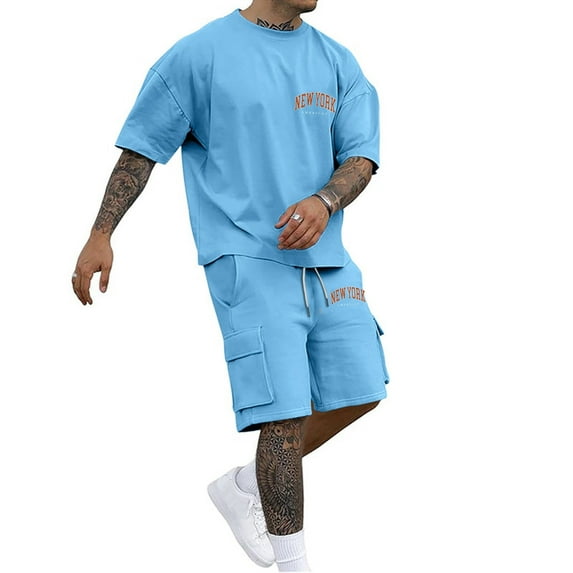 NAFUU Mens Summer Track Suits Men's Casual Letter Print T Shirt Short Sleeve Tee Shorts Set Comfortable Loose Fit Sports Wear Leisure Workout Sets