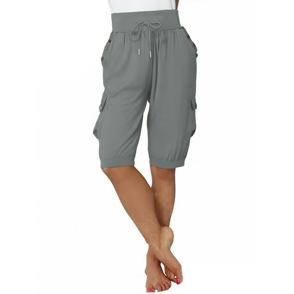 NAFUU Shorts for Women Trendy Women's Solid Color Drawstring Loose Casual Cargo Wide Leg Cropped Pants Fashion Shorts