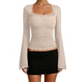 thumbnail image 1 of NAFUU Soft Ladies T-Shirts Solid Color Long Sleeve Ribbed Lace Trim Top Fashion U Neck Fall Winter Season Basic Tees For Women，Beige, 1 of 4