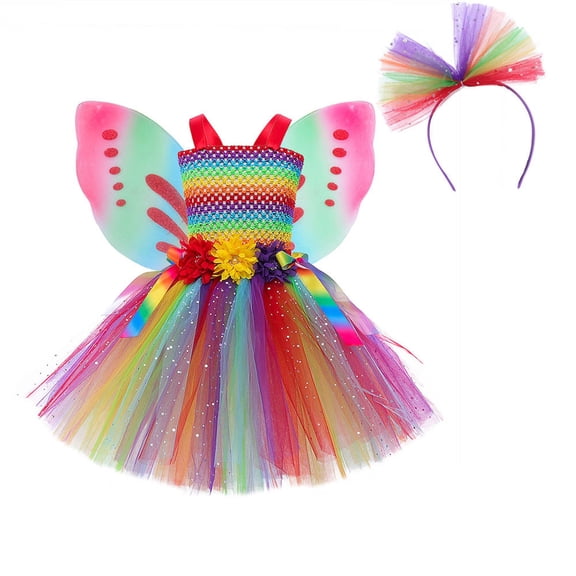 NAFUU Sparkly Rainbow Tutu Dress For Girls Sleeveless Mesh Party Princess Dresses Stage Performances Easter Outfit Holiday Party Dress