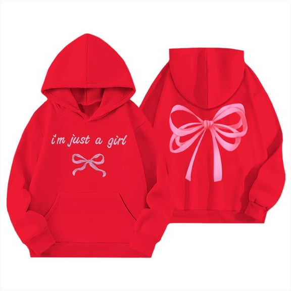 NAFUU Stylish Girls Hoodies Bow Print Hooded Sweatshirt Cute Long Sleeve Pullover Tops Soft Comfort Sweatshirts Daily Casual Wear 11-12 Years