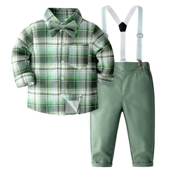 NAFUU Stylish Toddler Boy Clothes Suits Long Sleeve Checkered Shirt+Bowtie+Suspender Pants Set Boys Gentlemen Formal Dress Outfits Sets Adorable Clothes 3-4 Years