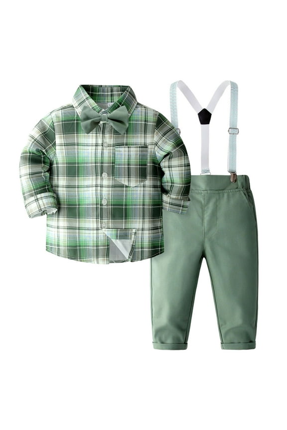 Stylish Toddler Boy Clothes Suits Long Sleeve Checkered Shirt+Bowtie+Suspender Pants Set Boys Gentlemen Formal Dress Outfits Sets Cute Comfy Outfit 4-5 Years
