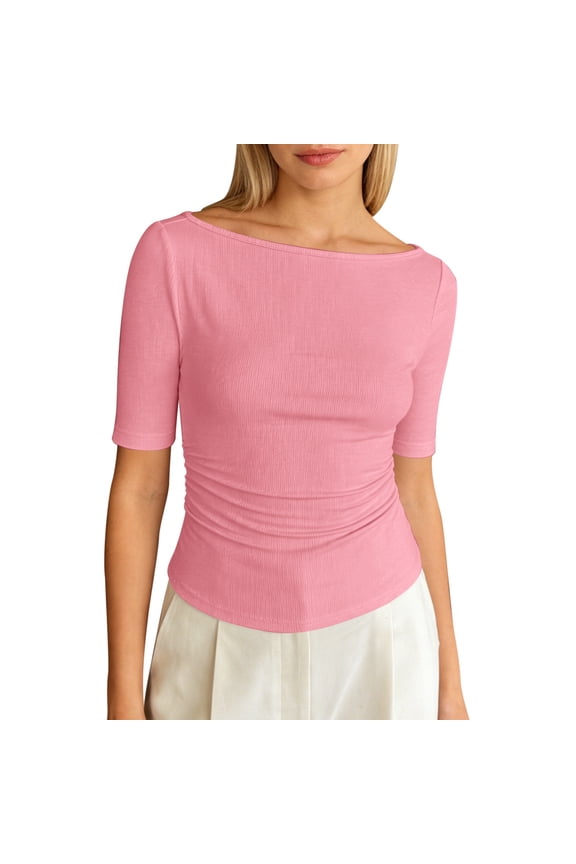 Summer Tops For Women 2026 Trendy Solid Color Short Sleeve Boat Neck T-Shirts Spring Casual Top Comfortable Daily Wear Womens Shirts