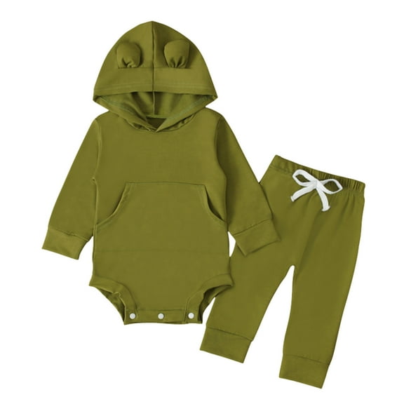NAFUU Toddler Baby Girl Clothes Boys Girls Long Sleeve Hoodie Romper Bodysuit Tops Pants Set Solid Color 2 Pieces Fall Outfits Soft Comfy Outfit 12-18 Months