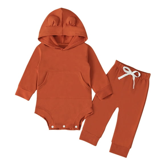 NAFUU Toddler Baby Girl Clothes Boys Girls Long Sleeve Hoodie Romper Bodysuit Tops Pants Set Solid Color 2 Pieces Fall Outfits Soft Fall Clothes 3-6 Months