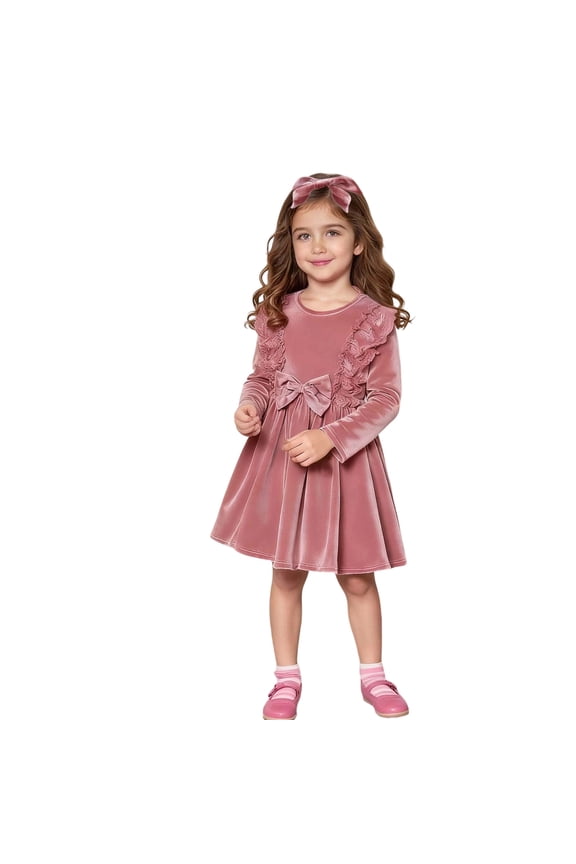 Toddler Baby Girls Velvet Tutu Dress Long Sleeve Dresses Bowknot Ruffles Party Casual Dress With Headband Set Casual Dresses Dailywear