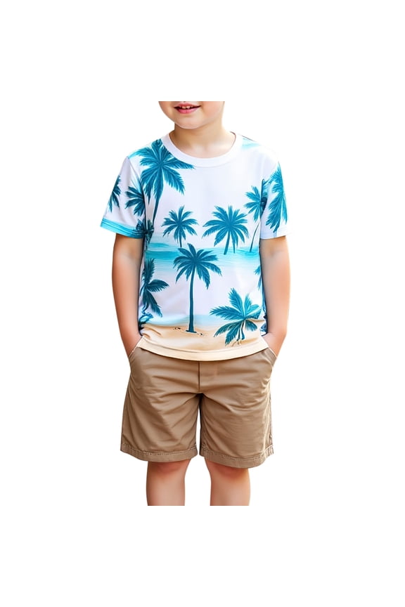 Toddler Boy Summer Outfit Set Beach And Coconut Tree Prints Short Sleeve O-Neck T Shirt Tops And Solid Color Shorts Leisure Wear Outfits For Boys 4-5 Years