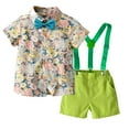 thumbnail image 1 of NAFUU Toddler Boy Summer Outfit Set Flowers Prints Short Sleeve Lapel Tops With Bowknot And Solid Color Overalls Holiday Comfortable Beach Sets Cute Outfits For Boys 2-3 Years, 1 of 4
