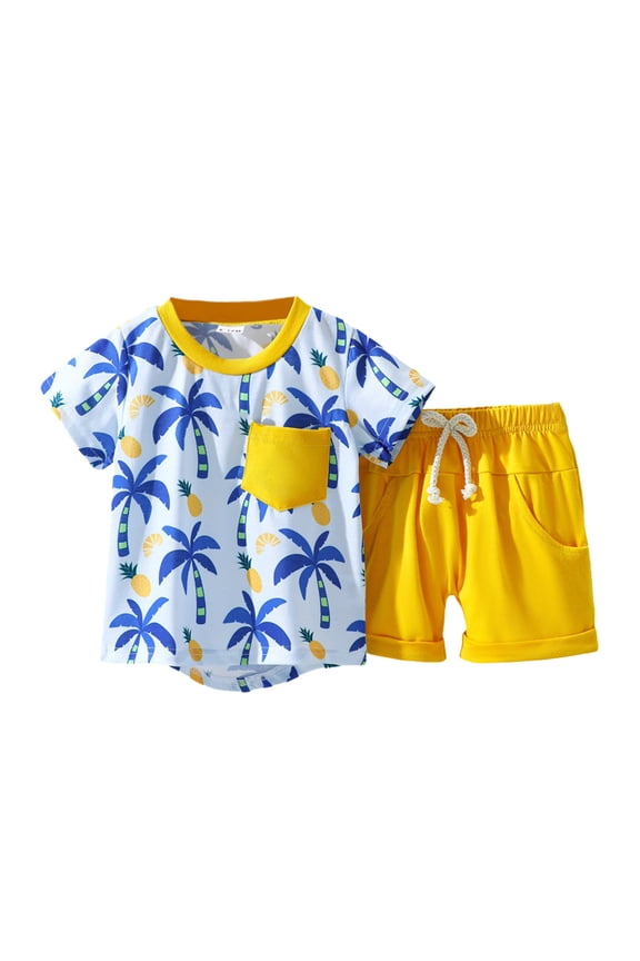 Toddler Boy Summer Outfit Set Short Sleeve Cartoon Coconut Tree Prints O-Neck T Shirt Pullover Tops And Shorts Comfortable Breathable Boys' Clothing Sets 2-3 Years