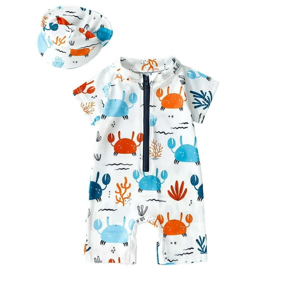 NAFUU Toddler Boys Swimsuits Baby Boy Swimsuit Rash Guard Short Sleeve One Piece Zipper Bathing Suit Swimwear With Hat 9-12 Months