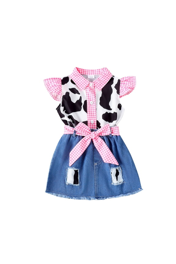 Toddler Girls Denim Outfits Baby Cowgirl Clothes Ruffle Sleeveless Cow Print Shirt Plaid Button Down Tops Belted Denim Skirts Set 2-3 Years