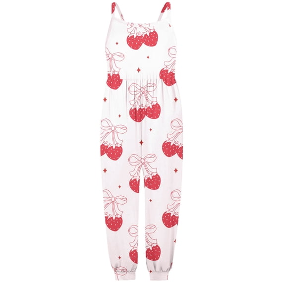 NAFUU Toddler Girls Jumpsuit Casual Bow Tie Strawberry Prints Sleeveless Scoop Neck Jumpsuit Backless Clothes Jumpsuits For Girls Dressy 7-8 Years