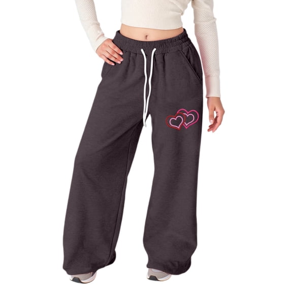 NAFUU Toddler Girls Pants Love Heart Prints Baggy Sweatpants Lightweight Straight Legs Athletic With Pockets Classic Vacation Kids Slacks Pants For Girls,Brown,15-16 Years