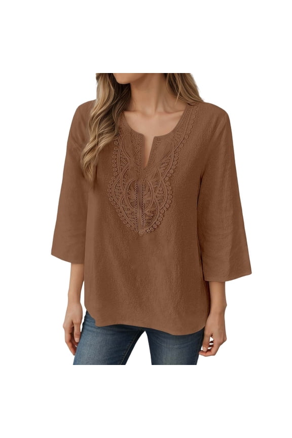 Trendy Women T-Shirts Solid Color Three Quarter Sleeve V-Neck Lace Casual Loose Bohemian Top True Classic Tees Women,Brown