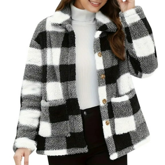 NAFUU Warm Fleece Jackets for Women Plaid Fleece Coat Women With Pockets Casual Winter Jacket Fashionable Warm Outerwear Casual Winter Coats