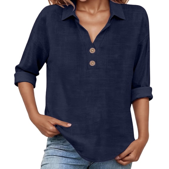 NAFUU Women Blouse Solid Color Lapel Casual Short Sleeve Linen Blend Breathable Button Down Lapel Everyday Comfort Shirts For Women
