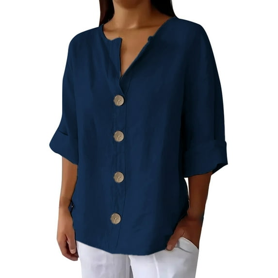 NAFUU Women Shirts Button Down V-Neck Solid Color Three-Quarter Sleeves Casual Loose Fit Tunic Summer Thermal Shirts For Women Cold Weather
