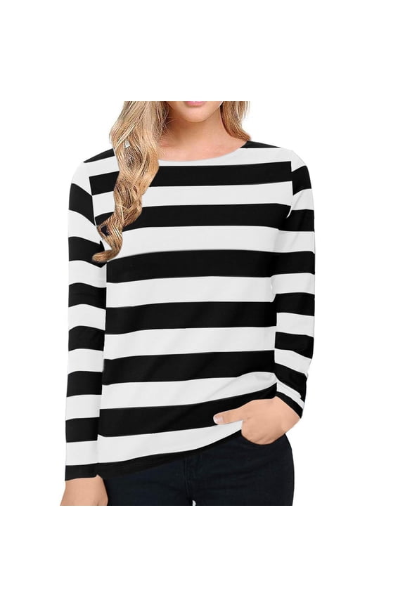 Women T-Shirts Long Sleeve Casual Fashion Wide Stripe Print Slightly Elastic Round Neck Top Women T Shirts Loose Fit,Black