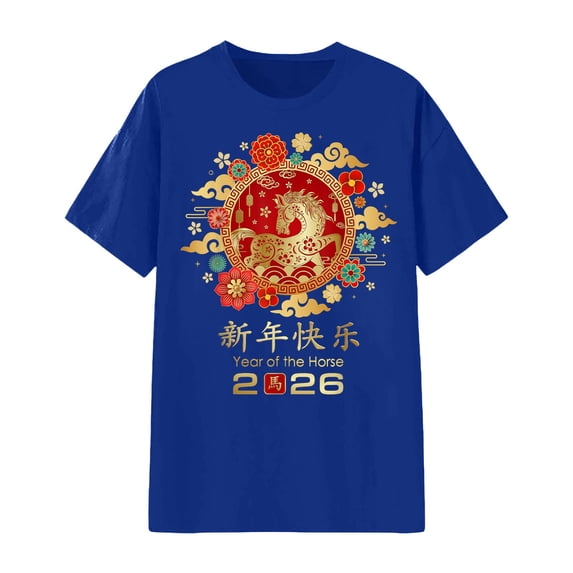 NAFUU Women T-Shirts Short Sleeve 2026 Year Of The Horse Print Casual Crew Neck Soft Top Everyday Wear Women T Shirts Loose Fit,Blue