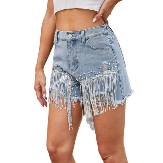 NAFUU Women's Denim Shorts Summer High Waisted Diamonds Tassels Ripped Jean Shorts Casual Baggy Trendy A-Line Wide Leg Denim Shorts Beach Summer Shorts