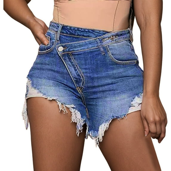 NAFUU Women's Denim Shorts Women High Waisted Crossover Denim Shorts Stylish Casual Irregular Hem Summer Stretchy Jean Shorts Stretchy Denim Shorts