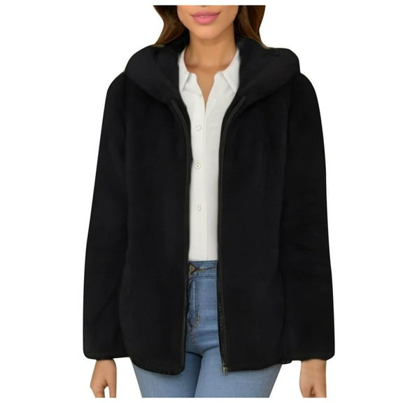 NAFUU Women's Full-Zip Jacket Solid Color Winter Warm Coat Trendy Fuzzy Hooded Jackets Lined Coat Outerwear Trendy Outerwear