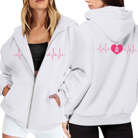 NAFUU Women's Full-Zip Jacket Zip Up Hoodie Jacket Cancer Awareness Long Sleeve Hooded Sweatshirt Pocket Everyday Wear Trendy Clothing Top