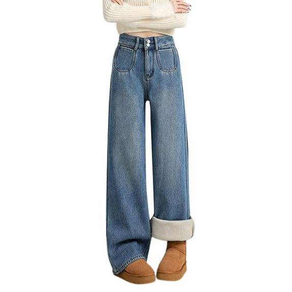 NAFUU Women's Lined Jeans High Waisted Wide Leg Jeans Winter Thermal Warm Jean Denim Pants Trendy Casual Baggy Denim Trousers Soft Womens Leggings