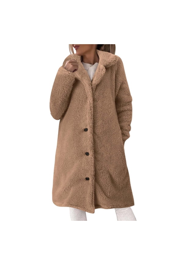 Women's Fuzzy Jackets Lapel Button Down Long Teddy Coat Warm Winter Outwear Pocket Solid Color Fashion Long Fluffy Jacket Warm Outerwear