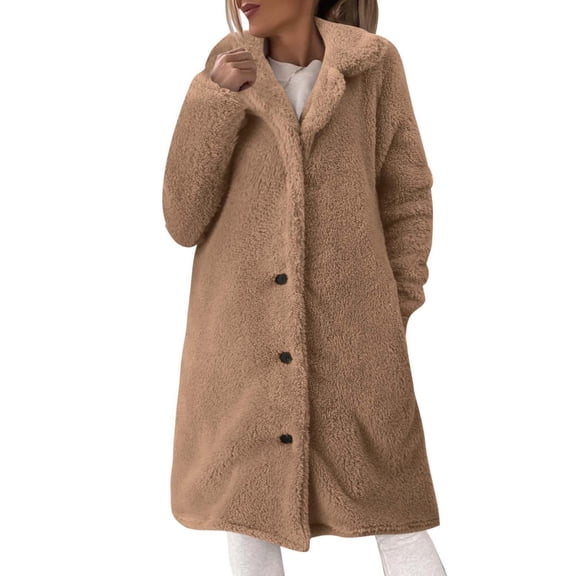 NAFUU Women's Fuzzy Jackets Lapel Button Down Long Teddy Coat Warm Winter Outwear Pocket Solid Color Fashion Long Fluffy Jacket Soft Warm Outerwear